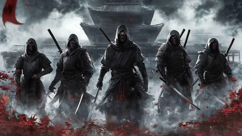 Armored ninja vanguard advances through mist before pagoda