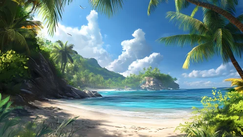 Tropical Beach Cove with Palm Trees and Turquoise Waters