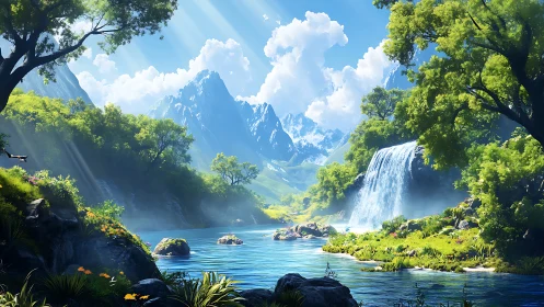 Sunlit mountain waterfall haven with calm crystal river.
