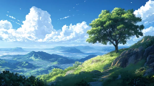 Solitary hilltop tree guarding sunlit valleys and clouds.