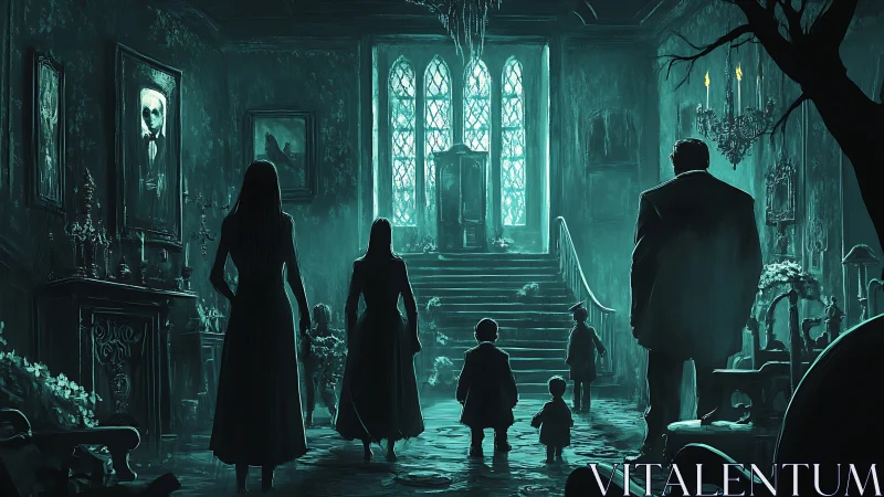 Mysterious family gathers in a hauntingly grand old hall.