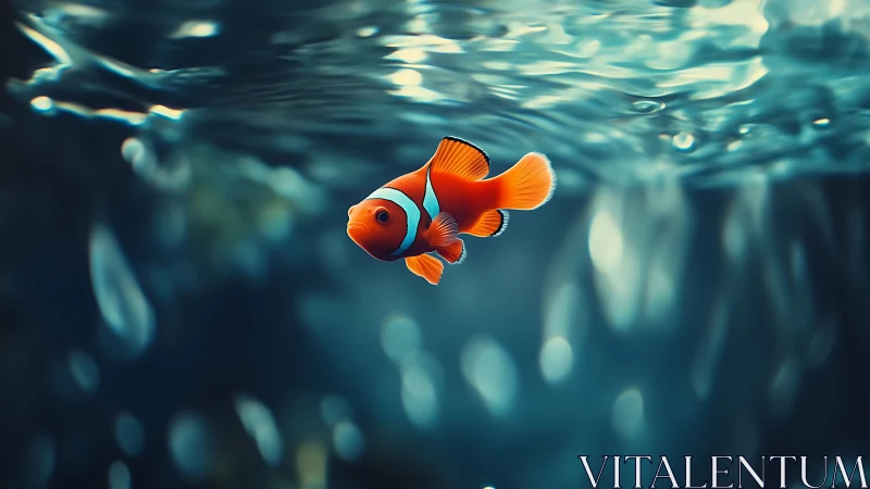 Clownfish in open water beneath rippled ocean surface.