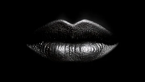 Metallic textured lips in stark black background closeup.