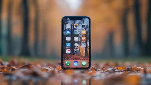 Modern Smartphone in Autumn Nature Setting.