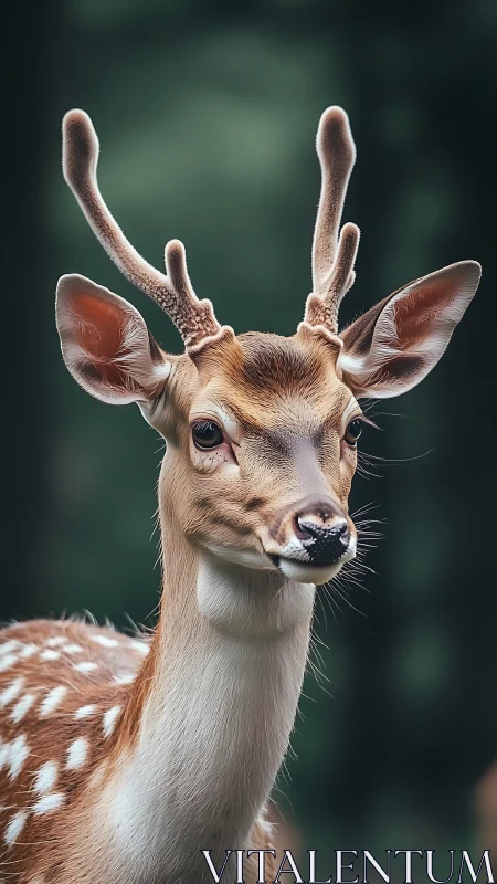 Young spotted deer gazes calmly against soft forest blur.