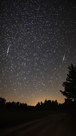 Night sky with meteor streaks above silhouetted treeline.