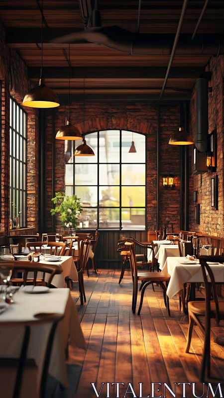 Sunlit brick bistro glows with rustic industrial warmth.