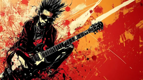 Stylized guitarist figure sits against red abstract backdrop