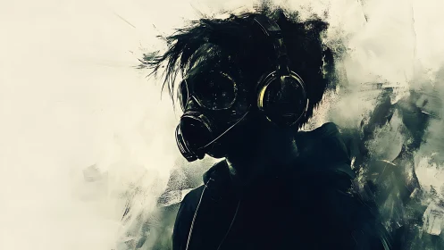 Solitary listener in a gas mask lost in swirling soundscapes.