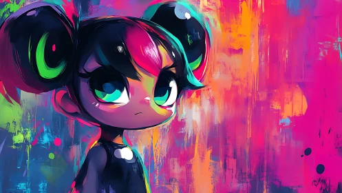 Neon haired girl stands against vibrant abstract graffiti field