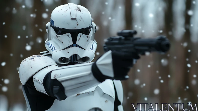 Armored sci‑fi soldier aiming blaster in winter forest.