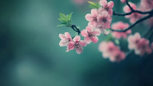 Pink blossoms on branch with teal bokeh background.