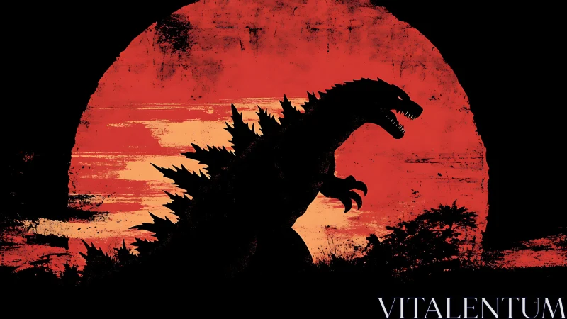 Silhouetted kaiju roars before a distressed crimson sun.