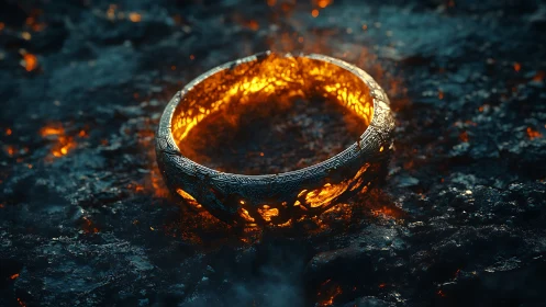Glowing Ring on Dark Stone Surface with Golden Light