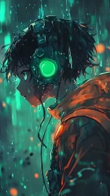 Wet-haired youth with neon headphones in rainy cityscape.