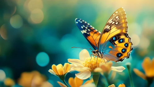 Butterfly rests on yellow flower against defocused teal background