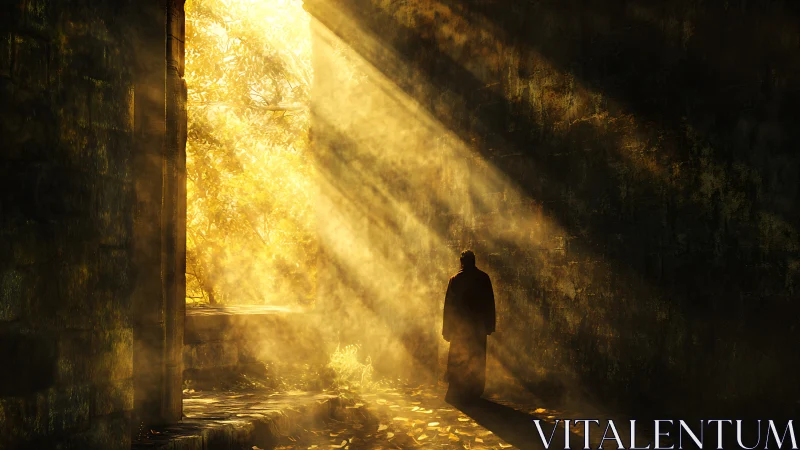 Solitary figure stands in golden light shaft within ruin