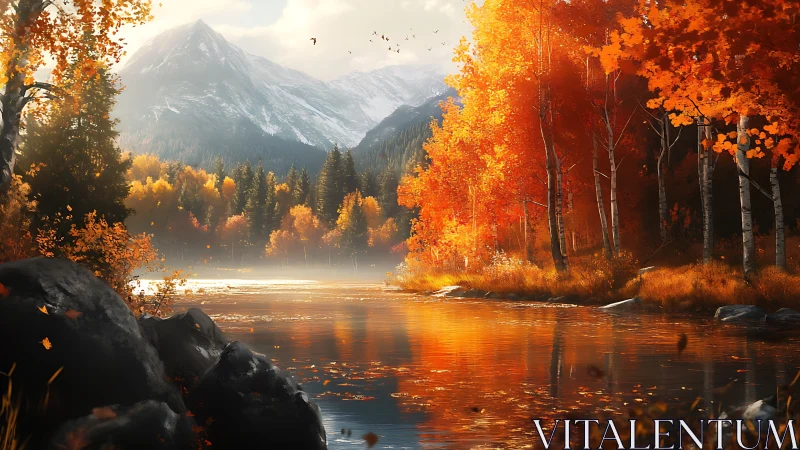 Golden autumn river glows beneath misty snowcapped mountains