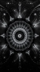 Radial monochrome fractal mandala with stellar particle symmetry