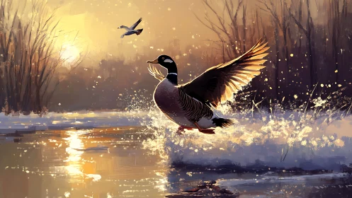 Golden Hour Dance: A Goose's Triumphant Splash.