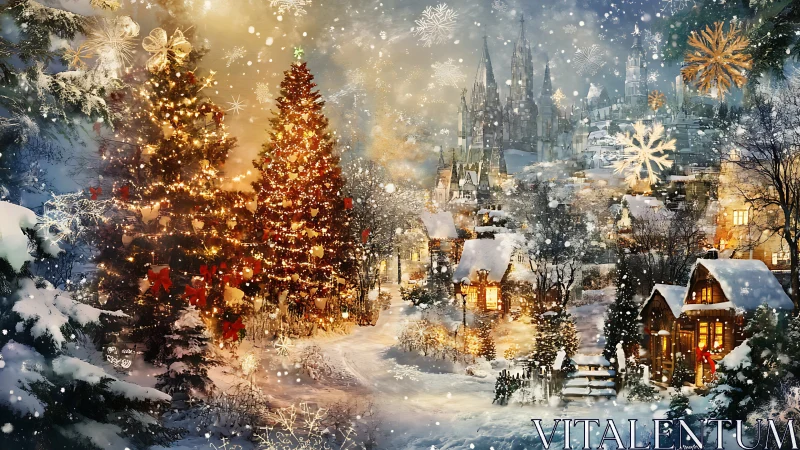 Snowy Christmas village glows under festive lantern light.