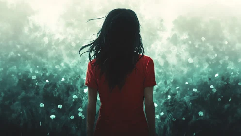 Solitary girl faces glowing teal mist horizon in silence.