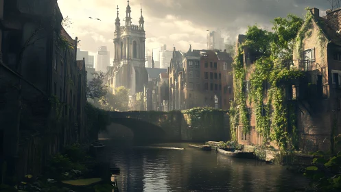 Sunlit canal city blends overgrown ruins with rising spires.