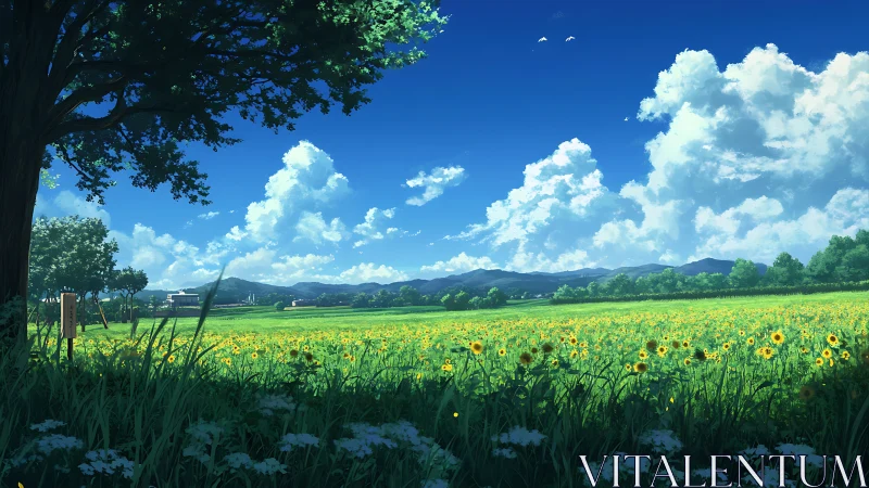 Sunlit rural sunflower meadow under towering cumulus skies