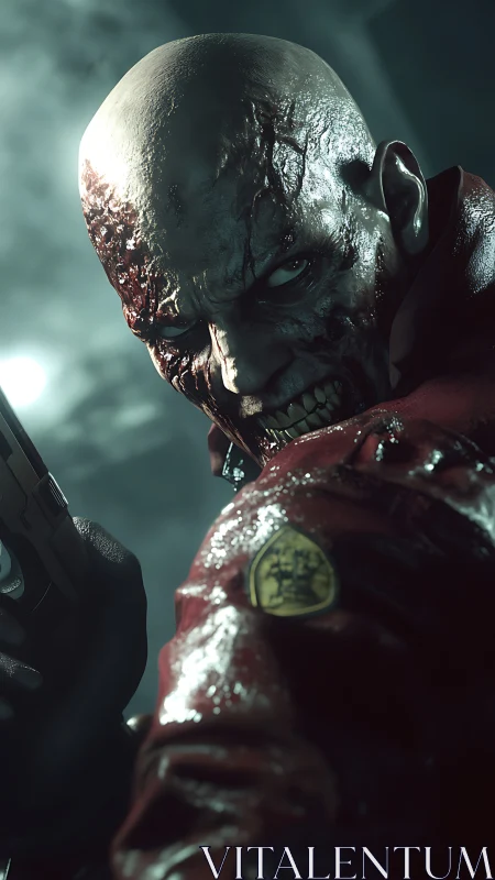 Grotesque bald mutant in wet red jacket, glaring back.