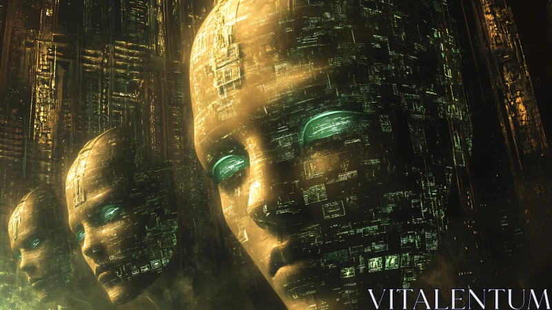 Gigantic cybernetic heads integrate luminous circuit lattices