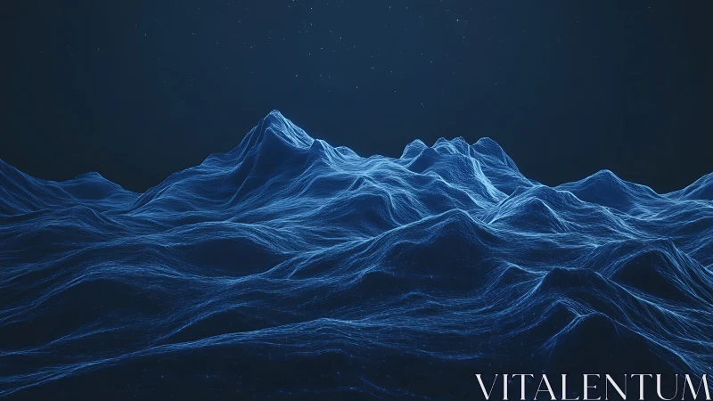 Digital wireframe landscape with luminous blue contours.