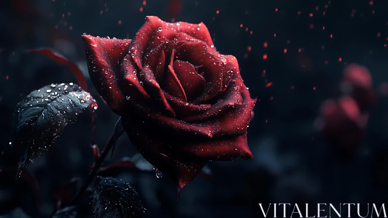 Deep red rose with water droplets against dark background