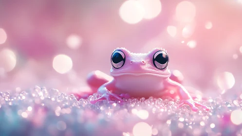 Pink frog portrait on glittering pastel bokeh field.