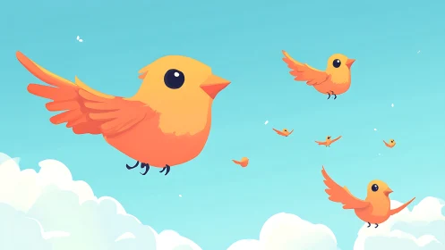 Cheerful Birds in Flight Among Fluffy Clouds.