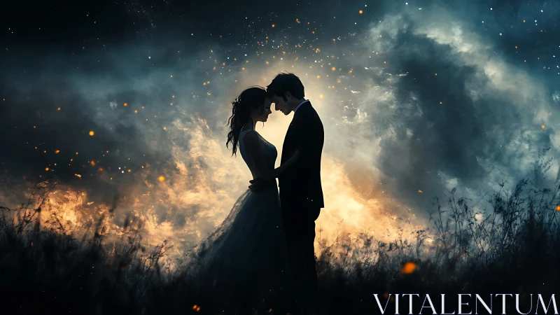 Silhouetted Couple Embrace Against Luminous Sky With Particles