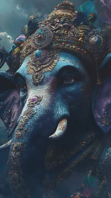 Majestic blue elephant deity in jeweled ceremonial regalia.