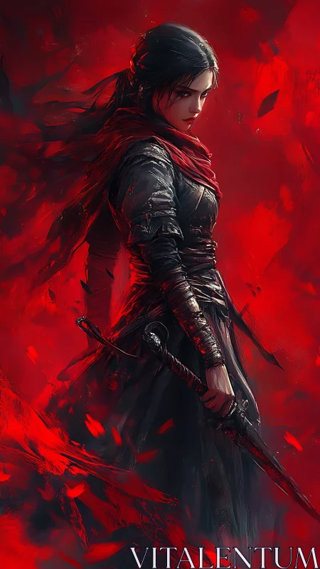 Scarlet-clad rogue swordswoman in dynamic red vortex field.