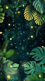 Glowing jungle leaves under softly drifting golden lights.