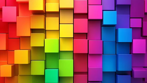 Vibrant 3D cubes form a dynamic rainbow geometric wall