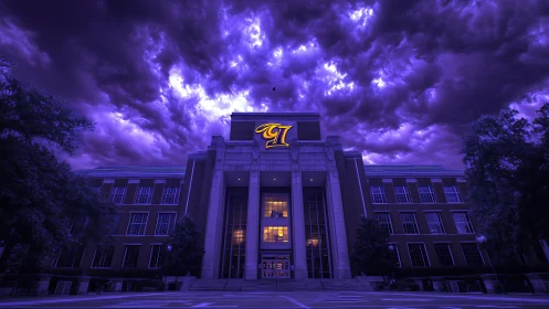 University building under heavily color-graded storm clouds