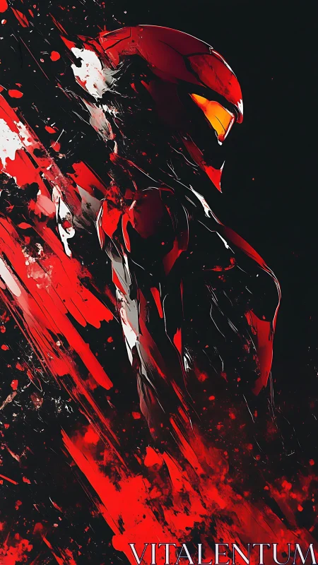 Red exosuit warrior in dynamic diagonal splatter abstraction