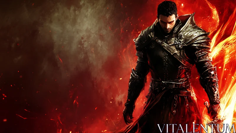 Armored dark warrior engulfed by dynamic infernal flames