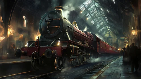 Steam locomotive departs crowded station under glass roof