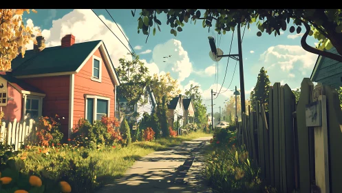 Sunlit suburban lane with vibrant houses and gardens.