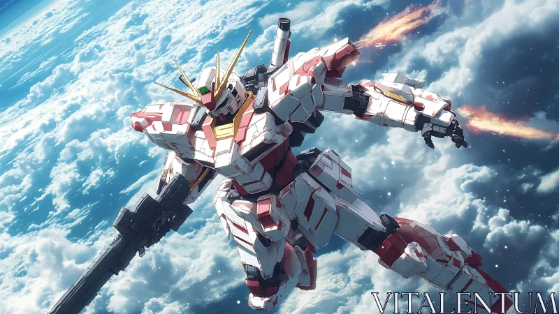 Armored mecha unit streaks above cloudscape with exhaust flares