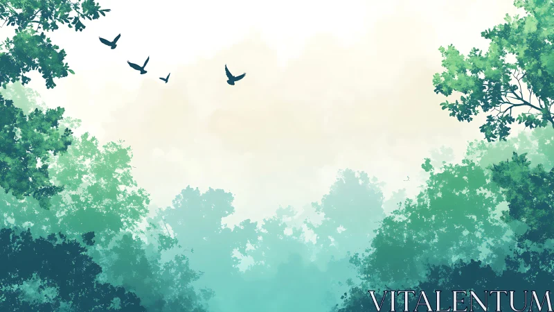 Emerald Canopy Dreams: Birds Dance Through Misty Forest Depths.