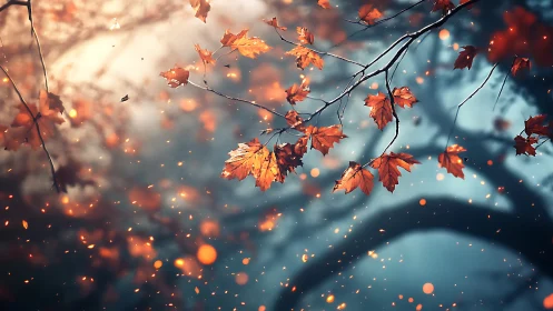 Soft autumn leaves drift like glowing sparks in cool dusk air