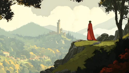 Cloaked traveler surveys distant hilltop castle at dawn