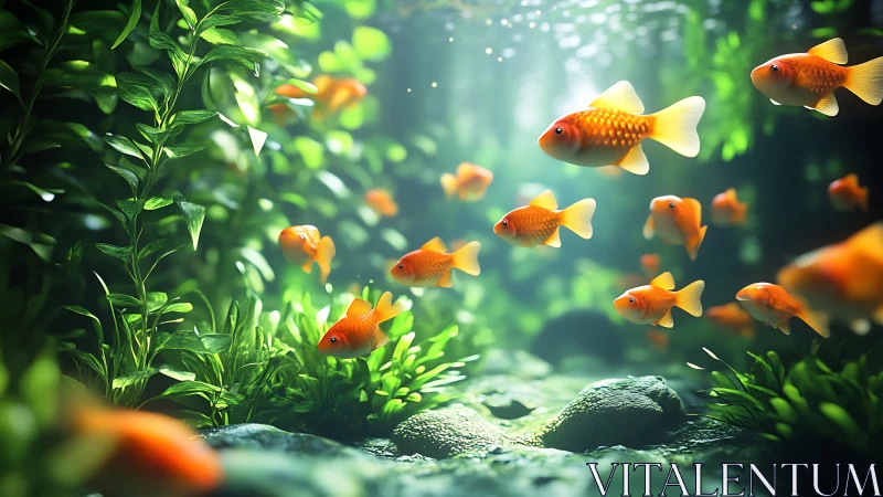 School of goldfish in dense underwater plants and light.