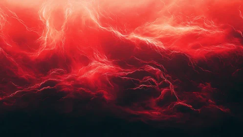 Red cloudlike formations intersect with branching light filaments